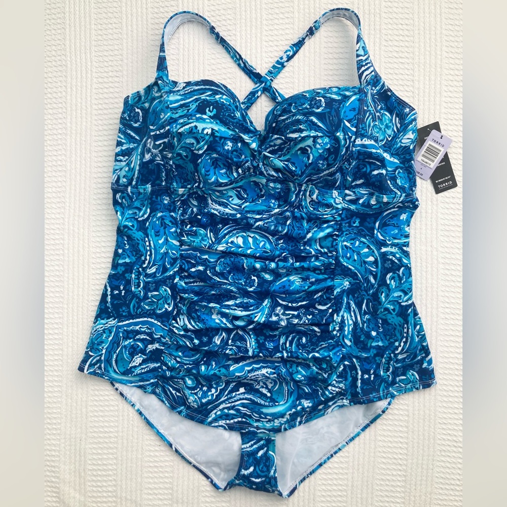 Torrid Swimsuit Push Up Demi Ruched One Piece, Blue/White, Size 4 (fits 4x)